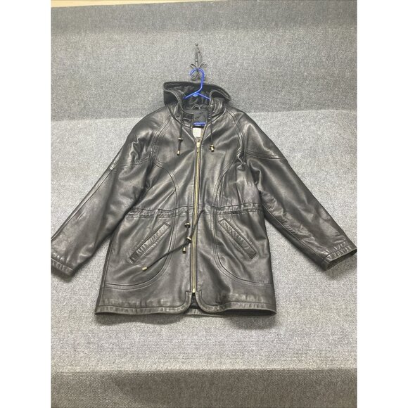 Valerie Steven’s Lamb Leather Jacket Women’s Size Medium Black Full Zip Hooded - Picture 1 of 14